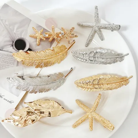 Elegante Legering Blad Veer Zeester Haarklem Voor Dames Franse Retro Minimalistisch Goud Zilver Kunstparel Strass Haarspeld Hoofddeksel