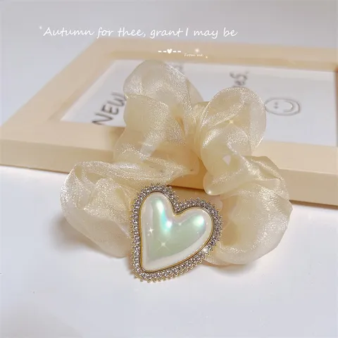 Elastici per Capelli in Chiffon Stile Coreano Eleganti Chouchou Pendente Cuore in Strass Perle Artificiali Supporti Coda di Cavallo Elastici Accessori per Capelli Da Donna