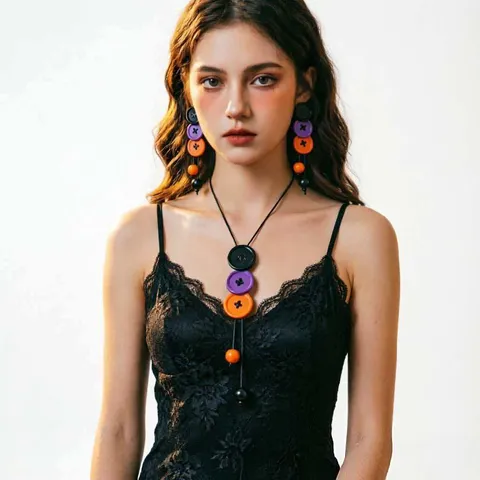 Gothische Halloween Knop Kwastje Oorbellen Ketting Set Y2K Punk Contrast Kleur Hars Knop Hanger Sieraden Voor Vrouwen Feest Cadeau