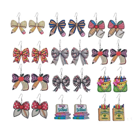 Creative School Style Wood Resin Pencil Bow Dangle Earrings Back To School Student Teacher Fun Ear Jewelry