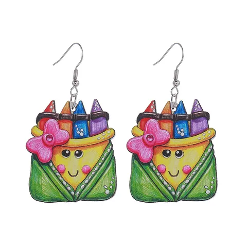 Creative School Style Wood Resin Pencil Bow Dangle Earrings Back To School Student Teacher Fun Ear Jewelry