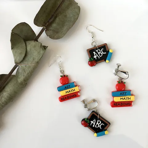 Cute Blackboard Book Asymmetrical Earrings For Women Girls Creative School Theme Resin Ear Clips Hooks Funny Jewelry