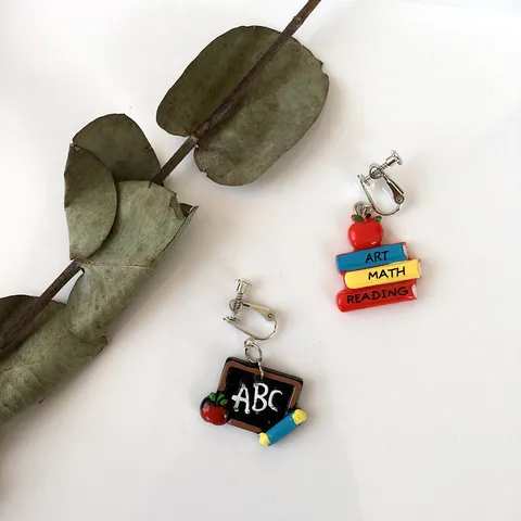 Cute Blackboard Book Asymmetrical Earrings For Women Girls Creative School Theme Resin Ear Clips Hooks Funny Jewelry