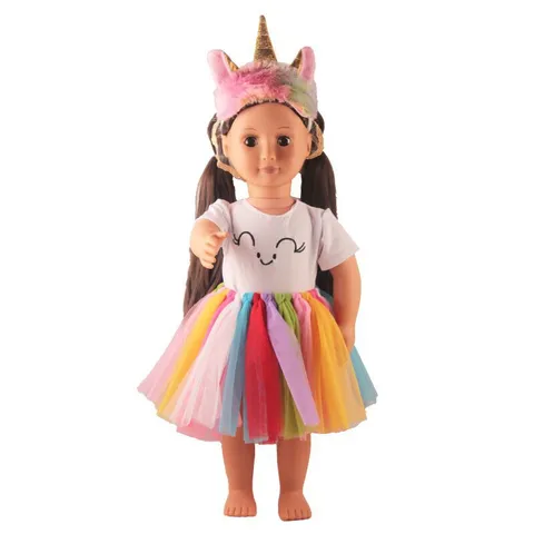 Unicorn Doll Clothes Outfit Set For American Girl Dolls Cartoon T-Shirt Rainbow Mesh Tutu Skirt Headband Accessories Birthday Gift
