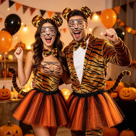 Halloween Tiger Kostüm Set Erwachsene Kinder Tier Ohren Haarreif Schwanz Fliege Tutu Rock Gesicht Aufkleber Performance Verkleiden Party Zubehör