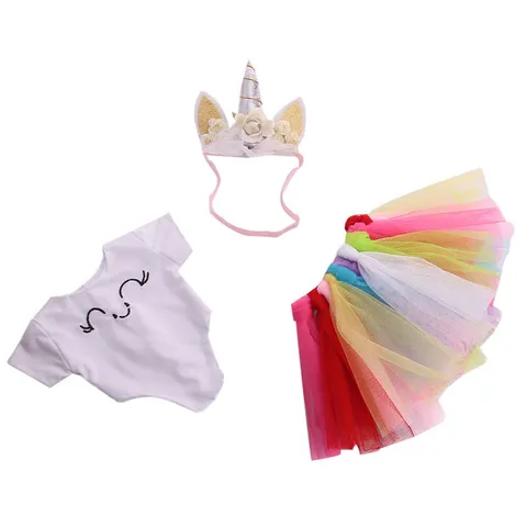 Unicorn Doll Clothes Outfit Set For American Girl Dolls Cartoon T-Shirt Rainbow Mesh Tutu Skirt Headband Accessories Birthday Gift