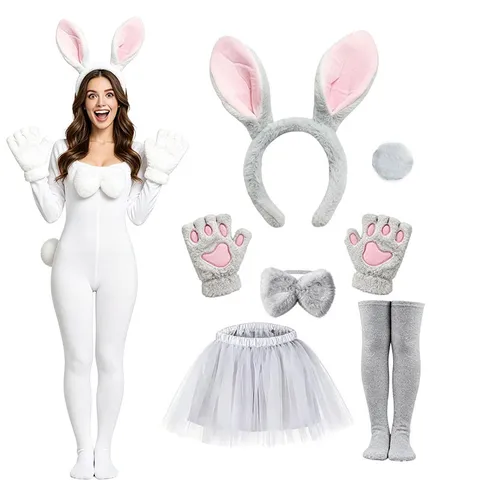 Polyester Bunny Girl Costume Set Rabbit Ears Headband Tutu Gloves Stockings Bow Tie For Easter Halloween Party Supplies