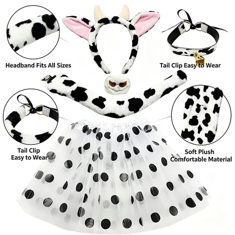 Cow Costume Set Plush Animal Ears Headband With Tail Collar Skirt Halloween Cosplay Party Dress Up Accessories For Kids Adults