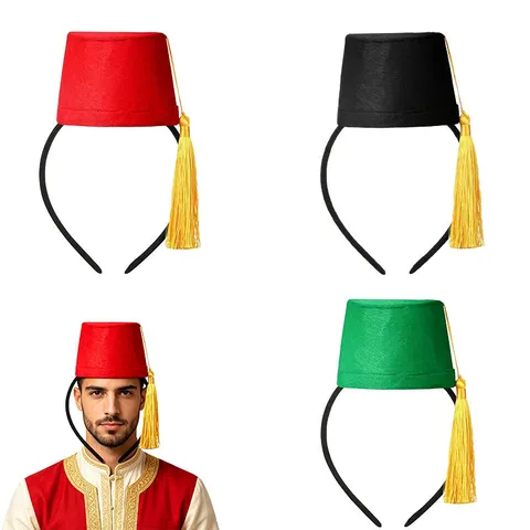 Traditional Moroccan Turkish Style Costume Fez Hat With Golden Tassel For Adult Kids Cosplay Party Theme Dress Up Prop
