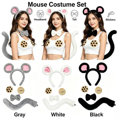 Mouse Costume Set For Kids Adults Halloween Animal Ears Headband Tail Bow Tie Cosplay Accessories Party Dress Up