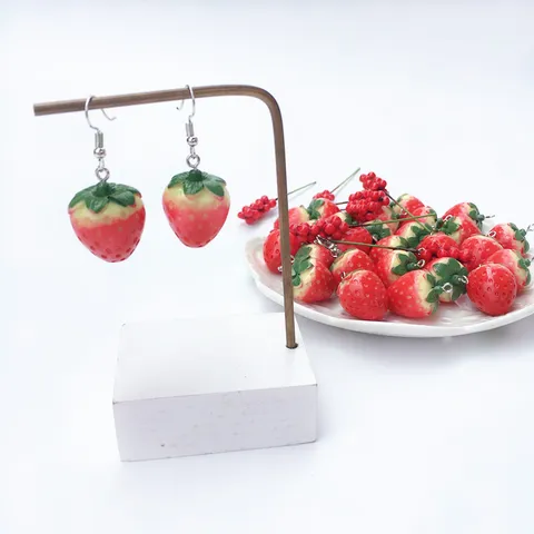 Cute Handmade Resin Strawberry Drop Earrings Sweet Cartoon Fruit Earring Hooks Spiral Ear Clips For Women Girls Summer Jewelry