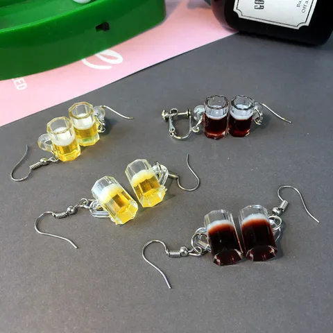 Funny Simulation Beer Mug Drop Earrings For Women Cute Resin Miniature Wine Glass Ear Hooks Non Pierced Spiral Ear Clips Quirky Jewelry
