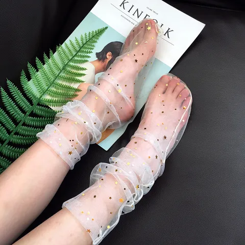 Women Fashion Ultra-Thin Mesh Socks Sexy Transparent Star Moon Sequin Hosiery Korean Style Sheer Crew Socks