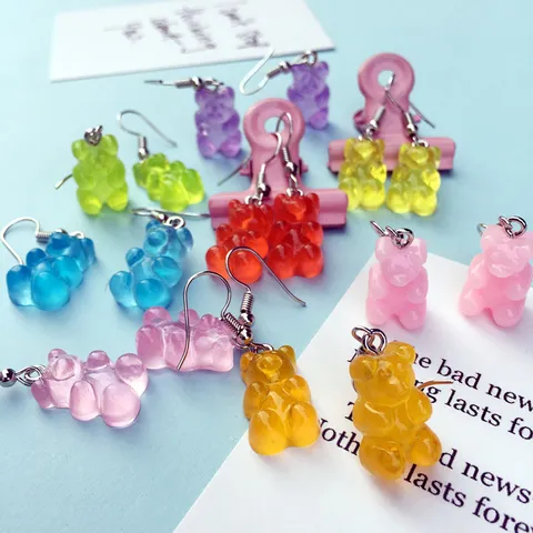 Cute Resin Candy Color Bear Hook Earrings For Women Japanese Style Transparent Animal Drop Earrings Sweet Girl Jewelry