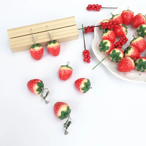 Cute Handmade Resin Strawberry Drop Earrings Sweet Cartoon Fruit Earring Hooks Spiral Ear Clips For Women Girls Summer Jewelry