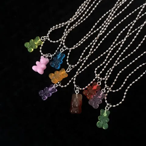 Y2K Colorful Transparent Jelly Gummy Bear Pendant Necklace For Women Girls Resin Alloy Bead Chain Clavicle Neck Chain Jewelry