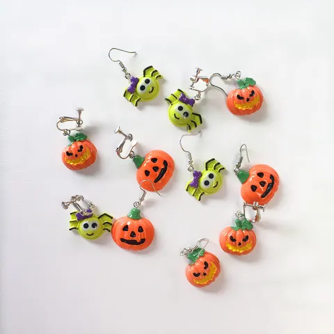 Halloween Funny Pumpkin Green Spider Stud Earrings Non-Pierced Spiral Ear Clips Resin Alloy Jewelry For Women Party Gifts