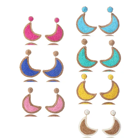 Pendientes Colgantes de Luna Tejidos de Ratán para Mujer Vacaciones en la Playa Pendientes de Media Luna de Paja Hechos a Mano Joyas