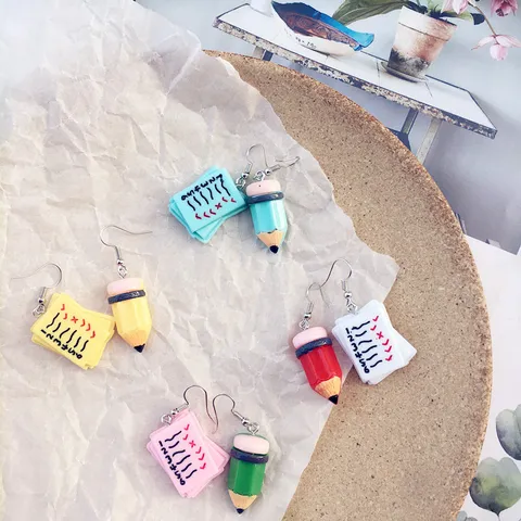 Fun Resin Pencil Exam Paper Asymmetrical Earrings Quirky Cartoon Stationery Drop Dangle Clip Earrings Student Jewelry