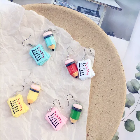Fun Resin Pencil Exam Paper Asymmetrical Earrings Quirky Cartoon Stationery Drop Dangle Clip Earrings Student Jewelry