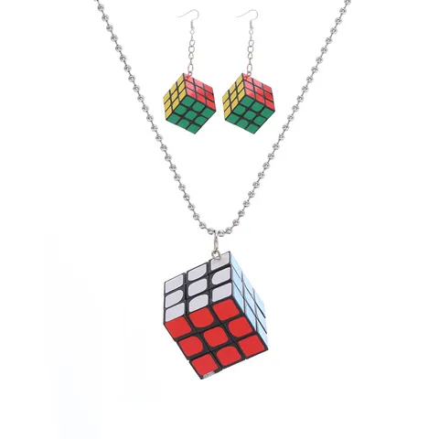 Handmade Colorful Magic Cube Earrings Punk Long Drop Ear Hooks Clip-on Earrings Stainless Steel Chain Necklace Set Jewelry