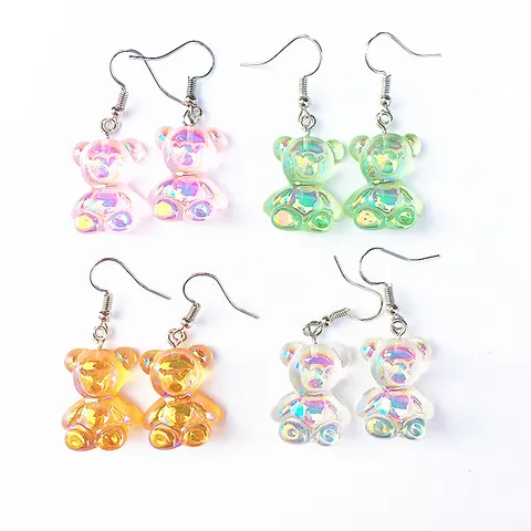 Iridescent Bear Dangle Earrings Sweet Colorful Resin Animal Drop Earrings For Women Girls Gift Cute Iridescent Bear Earrings Personality Jewelry