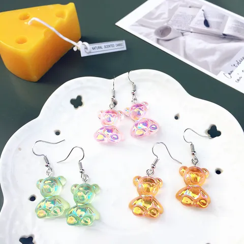 Iridescent Bear Dangle Earrings Sweet Colorful Resin Animal Drop Earrings For Women Girls Gift Cute Iridescent Bear Earrings Personality Jewelry