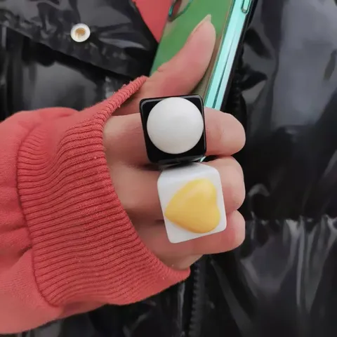 Japanese Style Cute Resin Contrast Color Heart Ring Ins Geometric Candy Color Chunky Finger Ring For Women Girls Fashion Jewelry