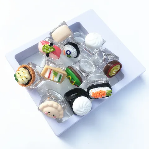 Funny Plastic Resin Food Miniature Rings Transparent Wide Band Statement Ring Quirky Simulated Sushi Hotdog Bun Rings For Women Teens Party Casual Jewelry