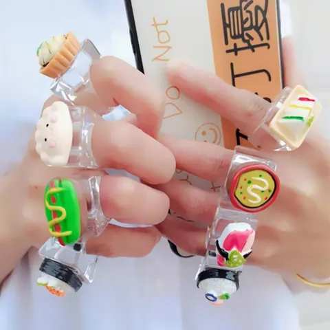 Funny Plastic Resin Food Miniature Rings Transparent Wide Band Statement Ring Quirky Simulated Sushi Hotdog Bun Rings For Women Teens Party Casual Jewelry