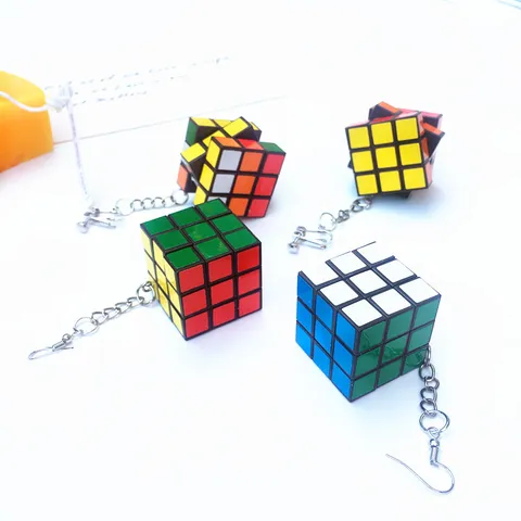 Handmade Colorful Magic Cube Earrings Punk Long Drop Ear Hooks Clip-on Earrings Stainless Steel Chain Necklace Set Jewelry