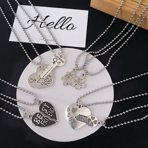Unisex Alloy Splicing Heart Key Pendant Necklace Set Silver Ball Chain Engraved Matching Necklaces Jewelry Gift For Couples Friends