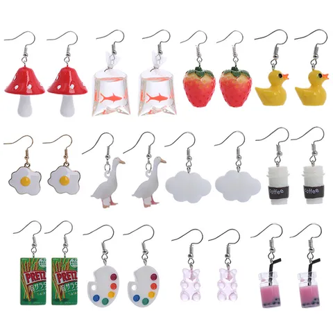 Süßes Harz Ohrring Set Für Damen Lustige Pilz Erdbeere Bär Wasserflasche Hängeohrringe Mehrfarbiger Skurriler Cartoon Schmuck