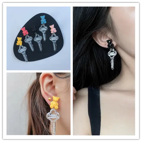 Cute Teddy Bear Key Pendant Drop Earrings Sweet Cartoon Resin Acrylic Statement Ear Studs For Women Girls Fashion Jewelry