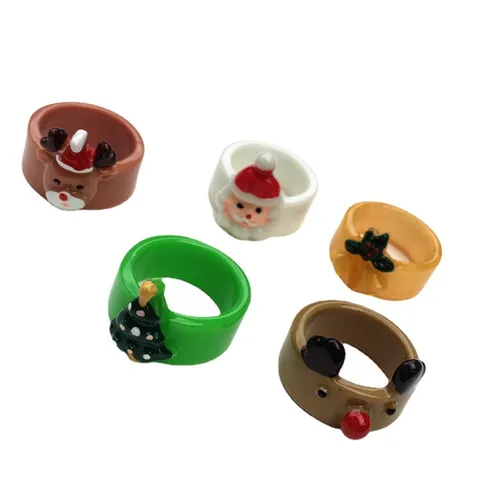 Set di Anelli in Resina Cartone Animato di Natale Babbo Natale Renna Albero di Natale Anello Regolabile per Bambini Ragazze Gioielli