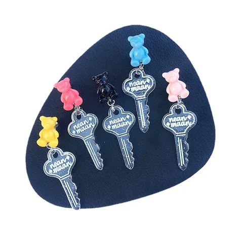 Cute Teddy Bear Key Pendant Drop Earrings Sweet Cartoon Resin Acrylic Statement Ear Studs For Women Girls Fashion Jewelry
