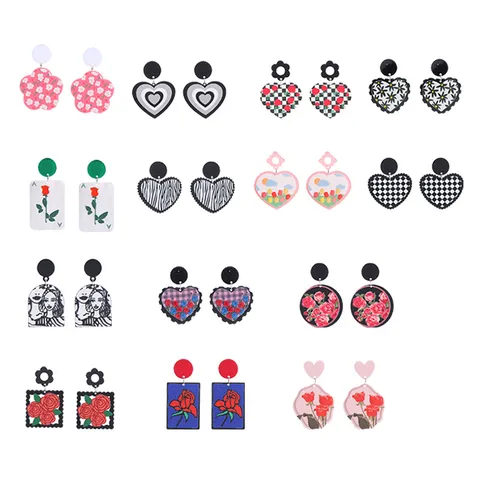 Boucles d'Oreilles Cœur en Acrylique pour la Saint-Valentin Boucles d'Oreilles Imprimé Floral Rose Douce Bijoux de Mode