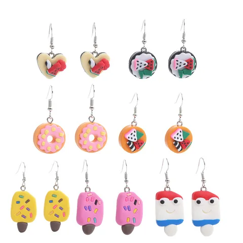 Handgemachte Polymerton Dessert Ohrringe Kreative Cartoon Kuchen Donut Eiscreme Wassermelone Ohrhänger Lustiger Schmuck Für Damen