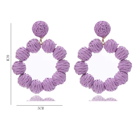 Bohemian Raffia Woven Round Drop Earrings For Women Summer Beach Vacation Handmade Rattan Geometric Dangle Earrings Jewelry