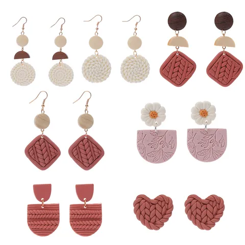Handgefertigte Polymer-Ton Ohrhänger Für Damen Retro Geometrische Webstruktur Farbblock Holz Spleiß Ohrringe Boho Schmuck