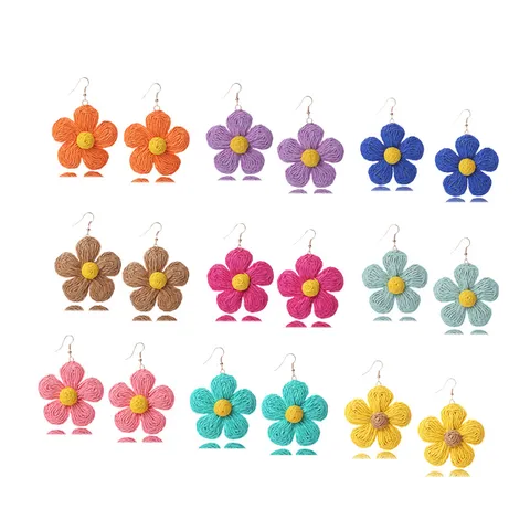Pendientes Colgantes de Flor de Ratán Tejidos a Mano Bohemios Dulces Lindos Coloridos de Paja Tejida Florales Para Mujer Vacaciones en la Playa