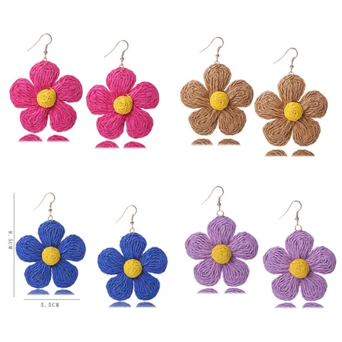 Pendientes Colgantes de Flor de Ratán Tejidos a Mano Bohemios Dulces Lindos Coloridos de Paja Tejida Florales Para Mujer Vacaciones en la Playa