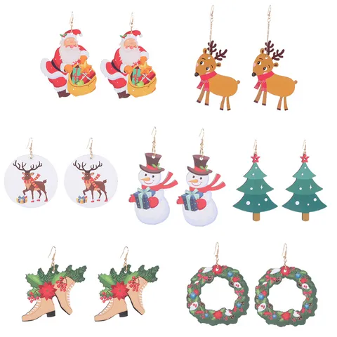 Weihnachten Holz Ohrringe Für Damen Bedruckt Rentier Schneemann Weihnachtsmann Nussknacker Lebkuchenmann Kranz Party Schmuck Geschenk
