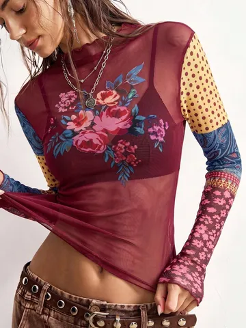 Haut en Maille Imprimé Rétro pour Femmes Bordure Volantée Manches Longues Coupe Slim T-Shirt en Maille Sexy Patchwork Imprimé Floral Transparent