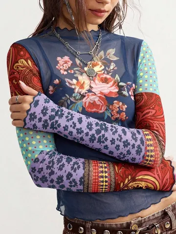 Haut en Maille Imprimé Rétro pour Femmes Bordure Volantée Manches Longues Coupe Slim T-Shirt en Maille Sexy Patchwork Imprimé Floral Transparent