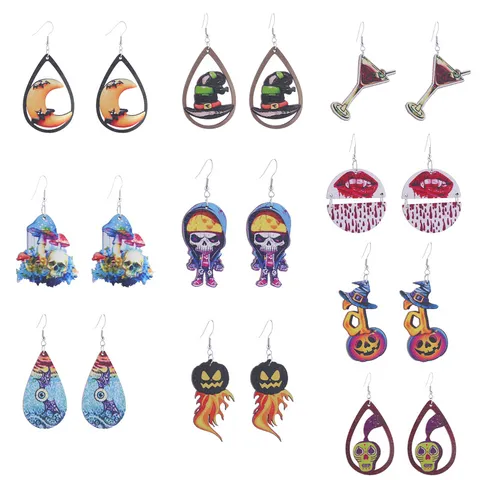 Halloween Wooden Drop Earrings For Women Fashion Pumpkin Skull Ghost Bat Print Costume Party Jewelry