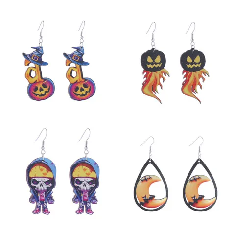 Halloween Wooden Drop Earrings For Women Fashion Pumpkin Skull Ghost Bat Print Costume Party Jewelry