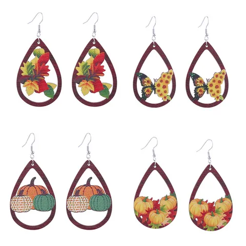 Thanksgiving Autumn Wooden Teardrop Earrings For Women Personalized Print Alloy Dangle Drop Earrings Holiday Party Jewelry