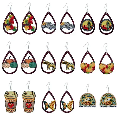 Thanksgiving Autumn Wooden Teardrop Earrings For Women Personalized Print Alloy Dangle Drop Earrings Holiday Party Jewelry