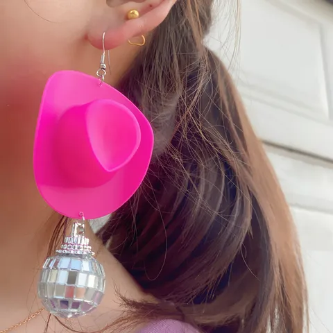 Disco Ball Cowboy Hat Dangle Earrings Trendy Exaggerated Punk Laser Mirror Ball Drop Earrings For Women Party Nightclub Jewelry Gift